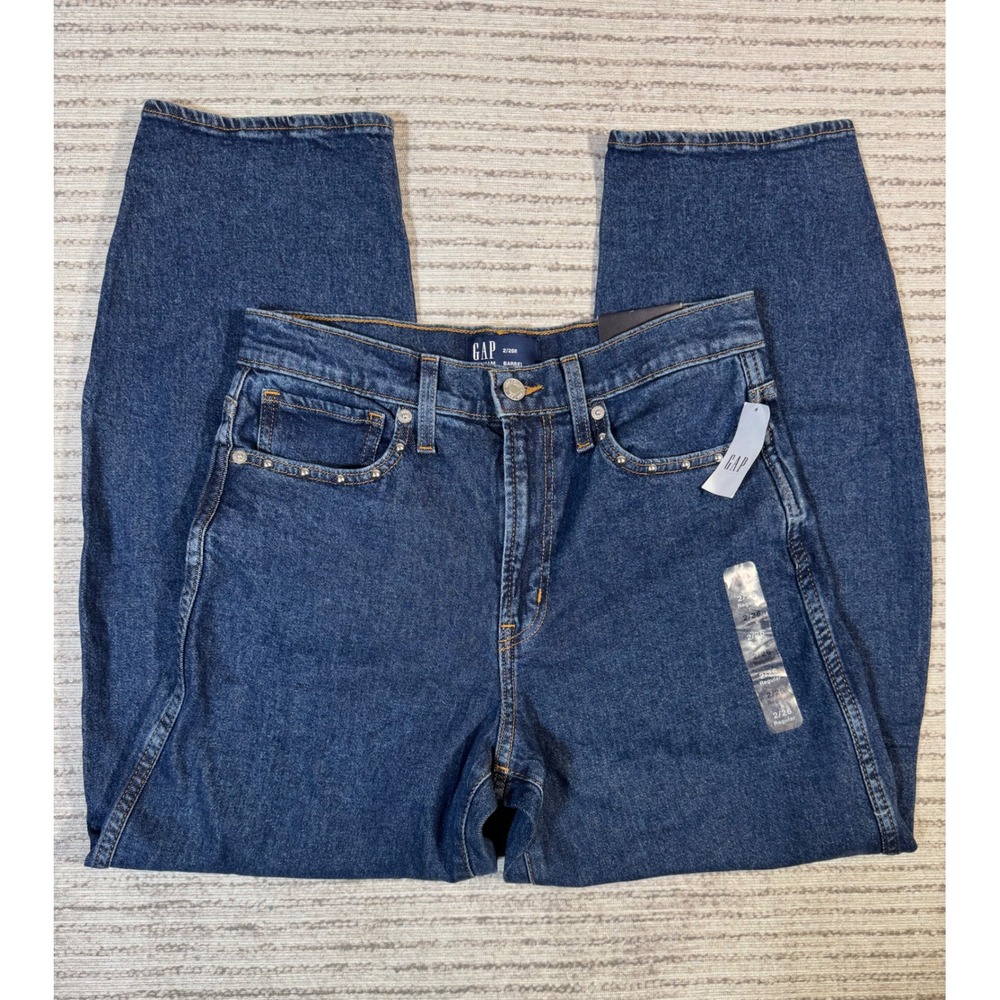 Gap Denim Barrel Jeans High Rise Studded Tapered Dark Wash Blue 2/26R NEW